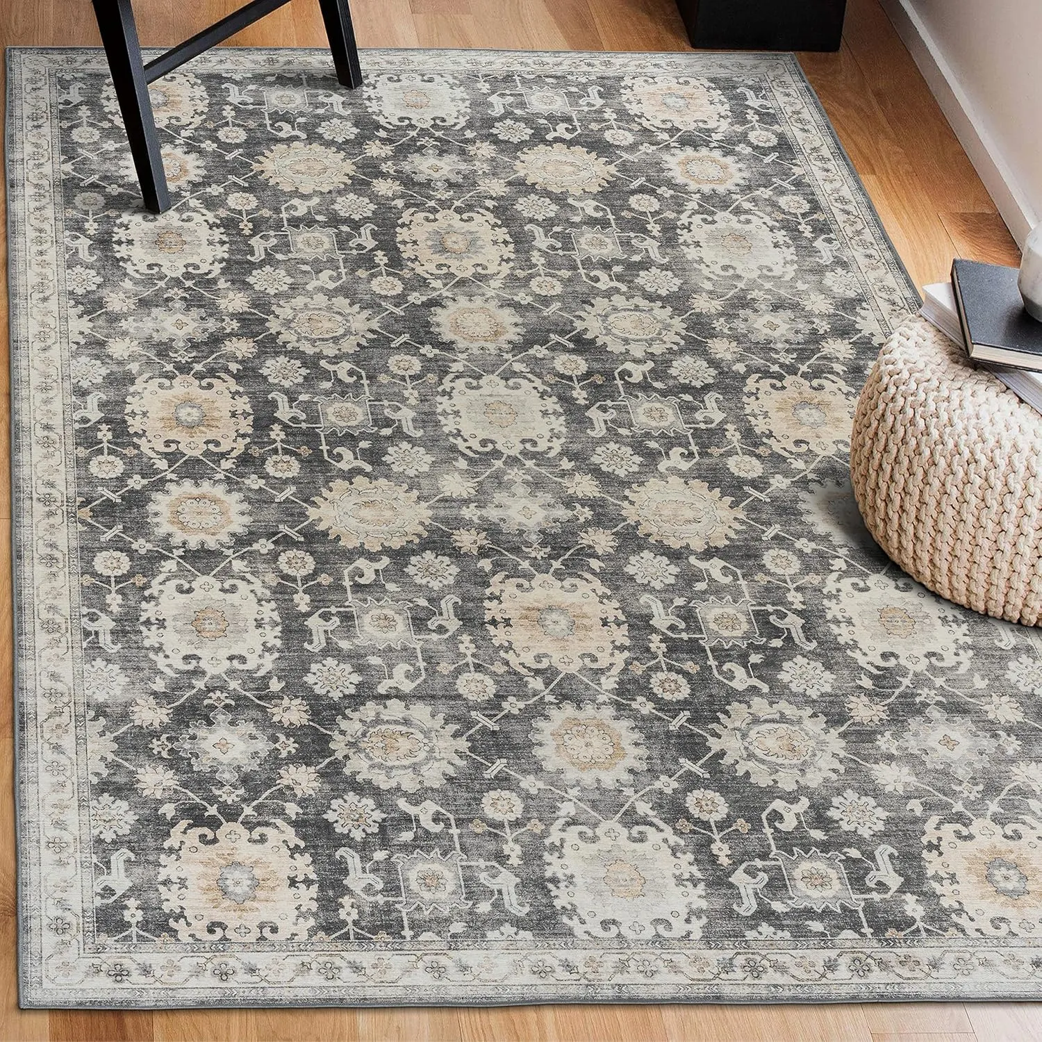 ReaLife Rugs Machine Washable Area Rug - Living Room Bedroom Bathroom Kitchen Entryway Office - Padded Low Pile Stain Resistant Premium - Boho Farmhouse Vintage - Bryn - Gray Beige Ivory 2'6" x 6'