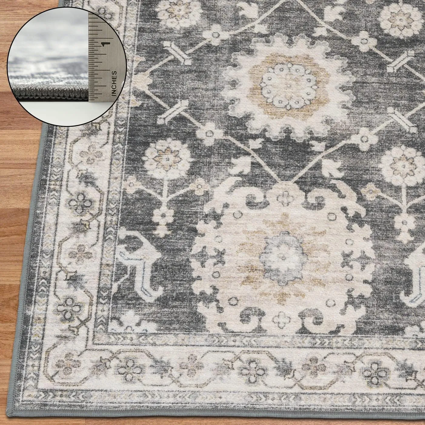 ReaLife Rugs Machine Washable Area Rug - Living Room Bedroom Bathroom Kitchen Entryway Office - Padded Low Pile Stain Resistant Premium - Boho Farmhouse Vintage - Bryn - Gray Beige Ivory 2'6" x 6'