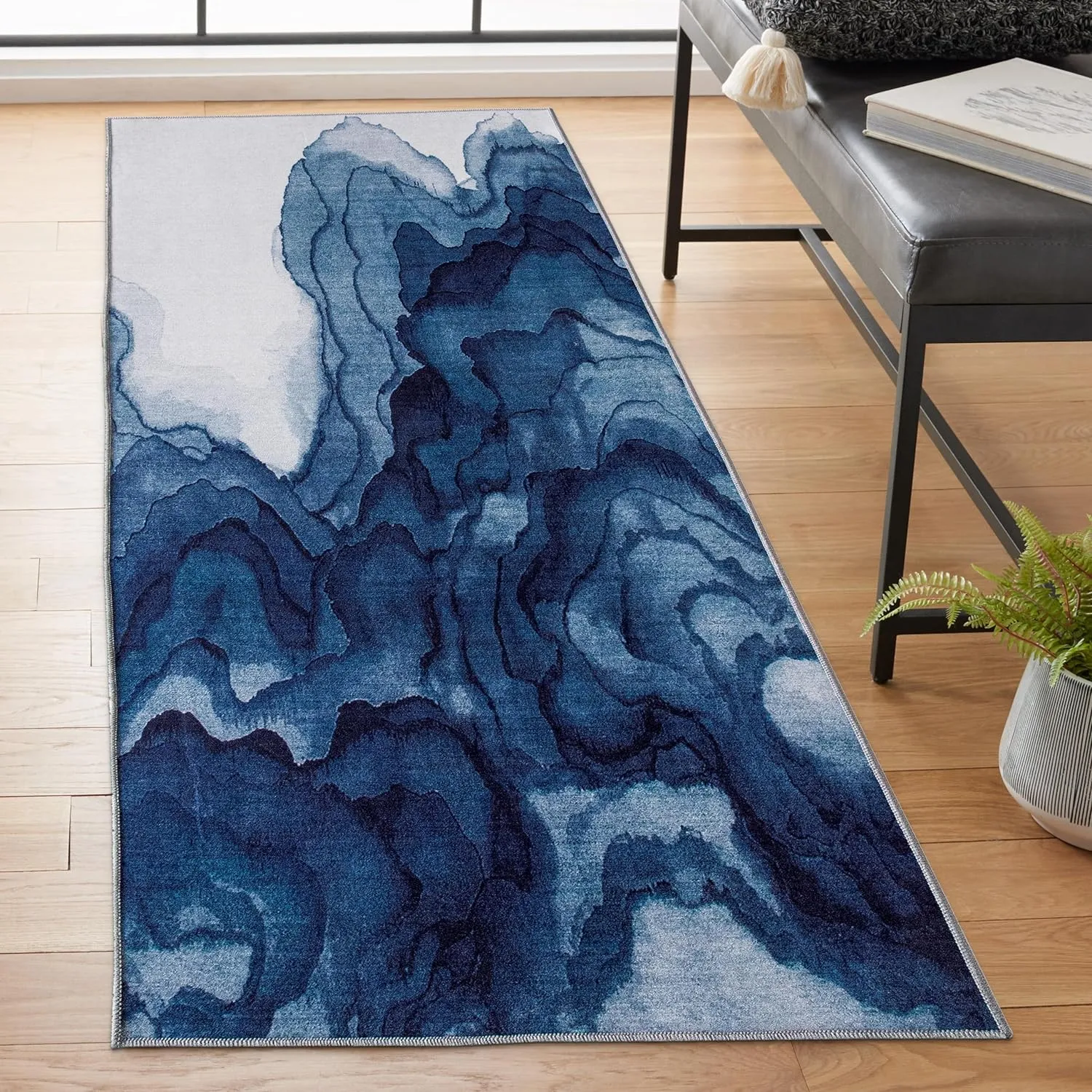 ReaLife Rugs Machine Washable Area Rug Runner - Living Room Bedroom Bathroom Kitchen Entryway Office - Padded Low Pile Stain Resistant Premium - Modern Abstract Contemporary - Ian - Blue 2'6" x 6'