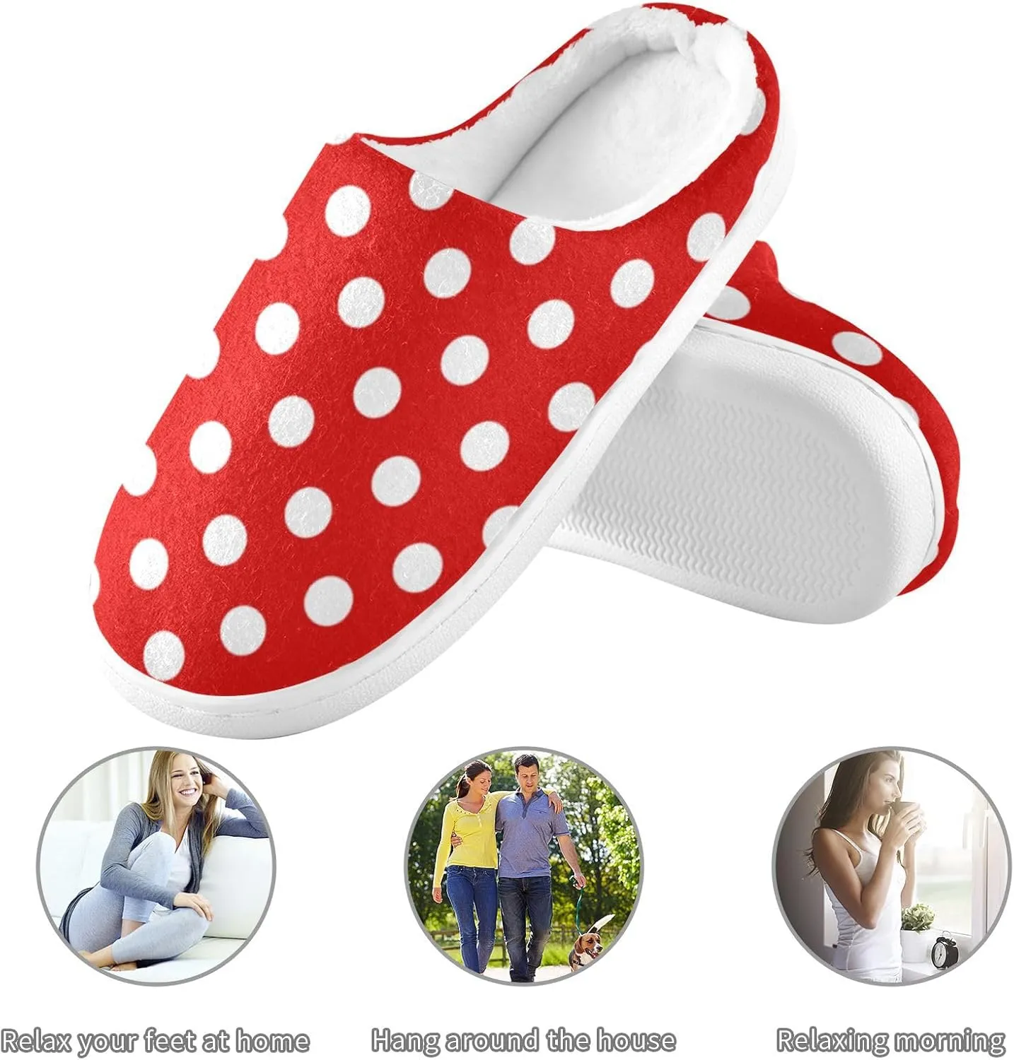Red White Polka Dot Slippers for Women Men, Geometric Texture Womens House Memory Foam Slippers Indoor Slipper Socks House Shoes Bedroom Travel Shoe