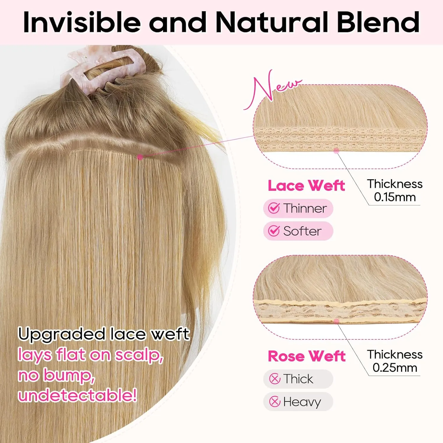 REECHO Clip in Hair Extensions, 4PCS 14" Wavy Hair Extensions Invisible Lace Weft Natural Soft Hairpieces for Women Black Brown