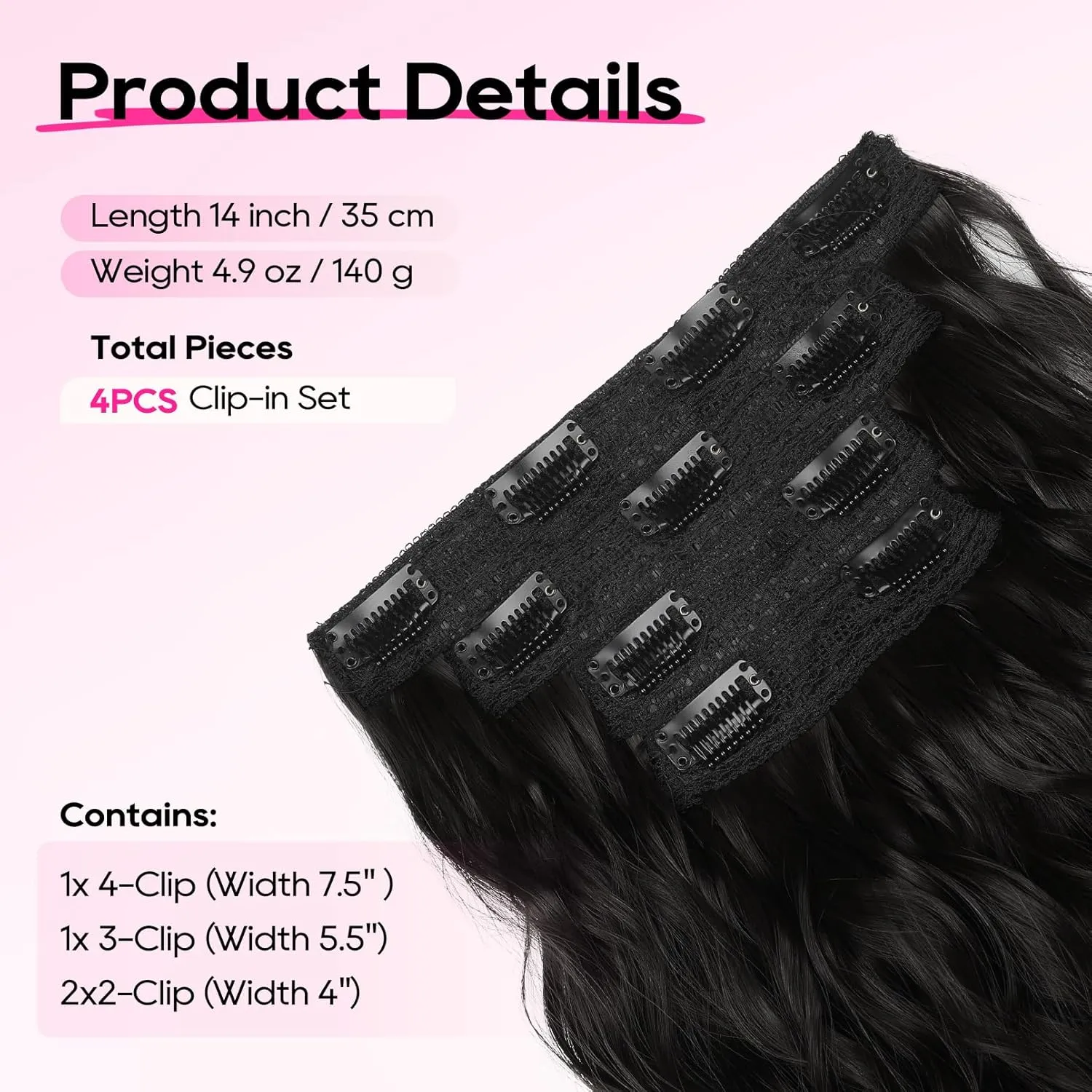 REECHO Clip in Hair Extensions, 4PCS 14" Wavy Hair Extensions Invisible Lace Weft Natural Soft Hairpieces for Women Black Brown