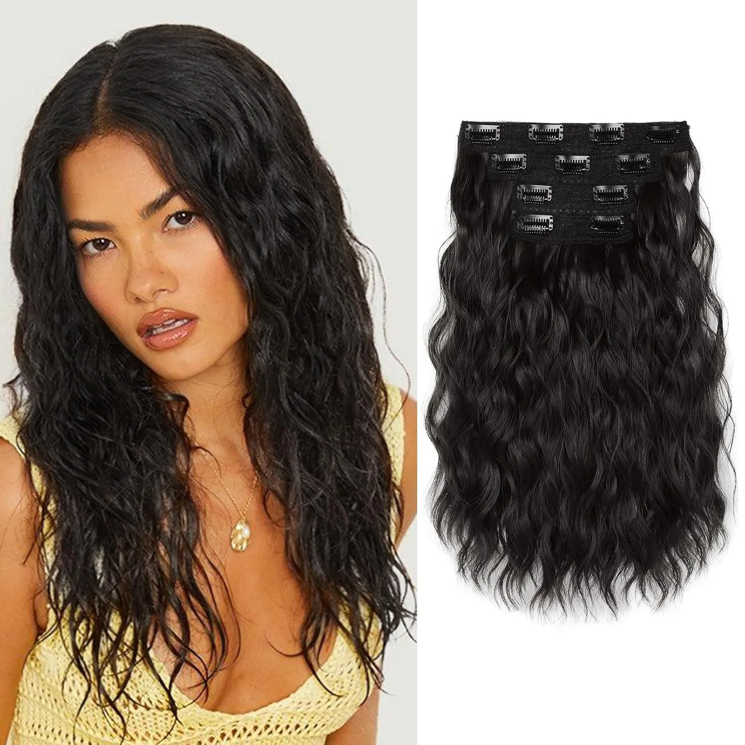 REECHO Clip in Hair Extensions, 4PCS 14" Wavy Hair Extensions Invisible Lace Weft Natural Soft Hairpieces for Women Black Brown