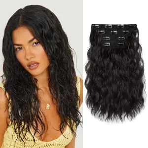 REECHO Clip in Hair Extensions, 4PCS 14" Wavy Hair Extensions Invisible Lace Weft Natural Soft Hairpieces for Women Black Brown