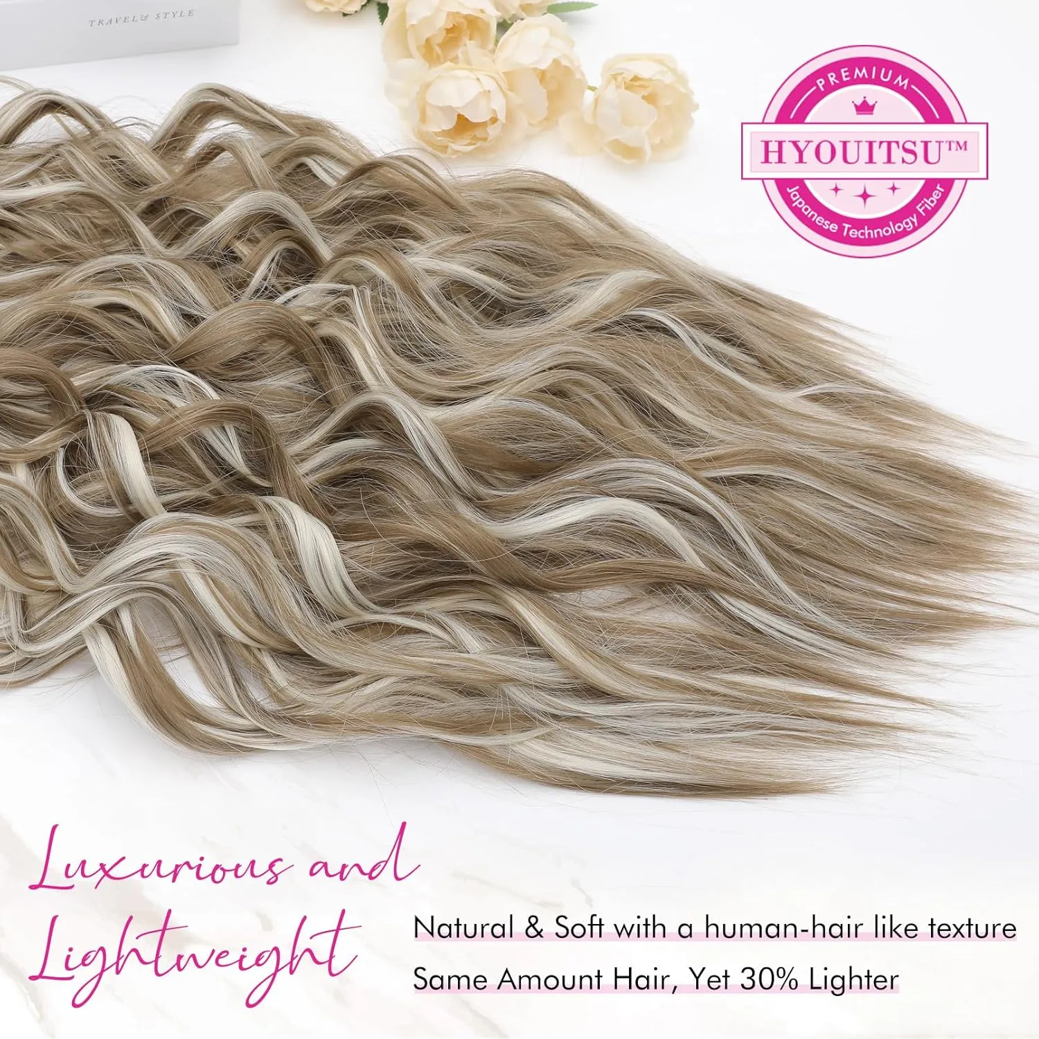 REECHO Clip in Hair Extensions, 4PCS 24" Thick Long Beach Waves hair extensions HE003 Invisible Lace Weft Natural Soft Hairpieces for Women – Ash Brown with Platinum Highlights