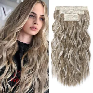 REECHO Clip in Hair Extensions, 4PCS 24" Thick Long Beach Waves hair extensions HE003 Invisible Lace Weft Natural Soft Hairpieces for Women – Ash Brown with Platinum Highlights