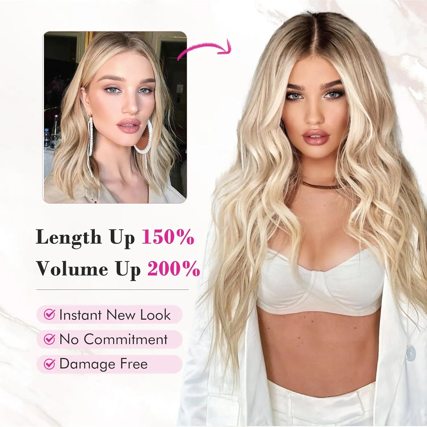 REECHO Clip in Hair Extensions, 4PCS 24" Thick Long Beach Waves hair extensions HE003 Invisible Lace Weft Natural Soft Hairpieces for Women – Ash Brown with Platinum Highlights