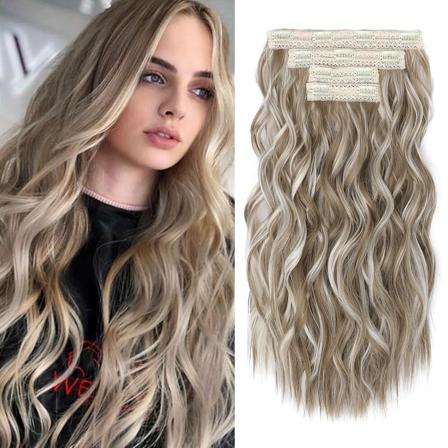 REECHO Clip in Hair Extensions, 4PCS 24" Thick Long Beach Waves hair extensions HE003 Invisible Lace Weft Natural Soft Hairpieces for Women – Ash Brown with Platinum Highlights