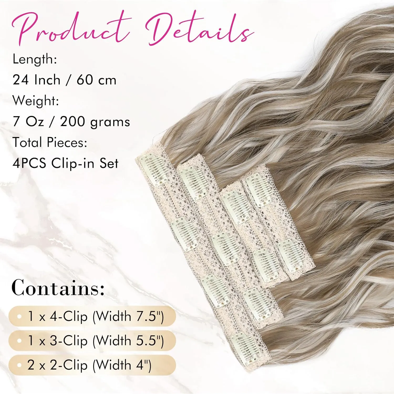 REECHO Clip in Hair Extensions, 4PCS 24" Thick Long Beach Waves hair extensions HE003 Invisible Lace Weft Natural Soft Hairpieces for Women – Ash Brown with Platinum Highlights