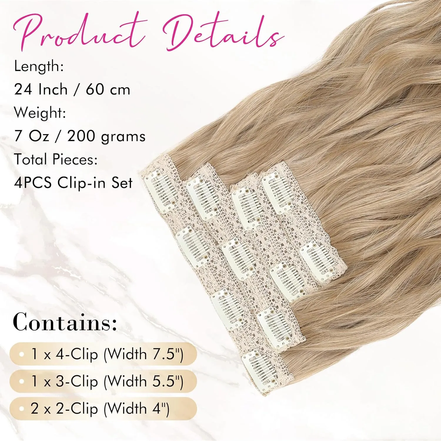 REECHO Clip in Hair Extensions, 4PCS Blonde Hair Extensions 24" Thick Long Beach Waves hair extensions HE003 Invisible Lace Weft Natural Soft Hairpieces for Women – Champagne Blonde