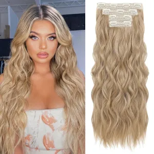 REECHO Clip in Hair Extensions, 4PCS Blonde Hair Extensions 24" Thick Long Beach Waves hair extensions HE003 Invisible Lace Weft Natural Soft Hairpieces for Women – Champagne Blonde