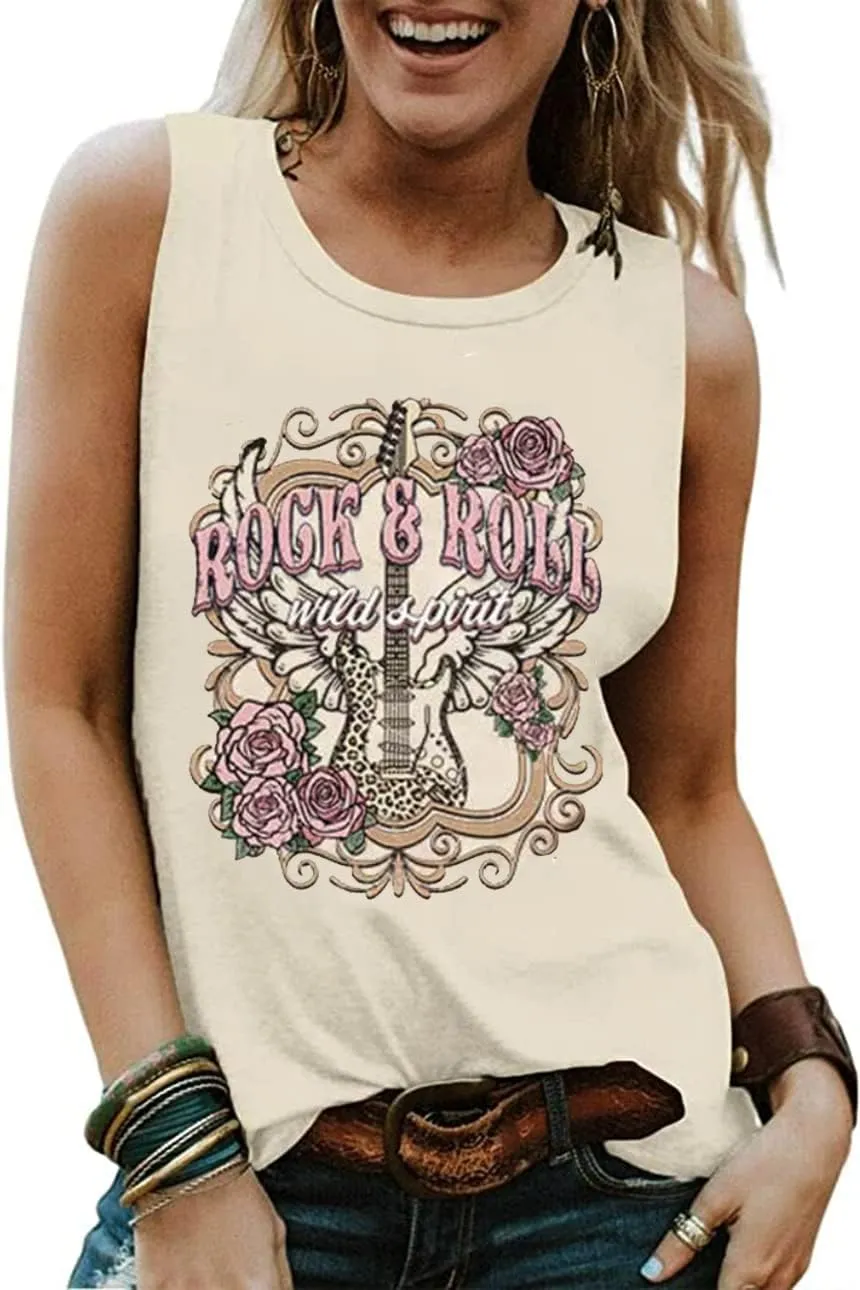Rock Roll Music Tank Tops Women Vintage Rock Band Tanks Retro Graphic Country Music Concert Sleeveless Shirt Tee