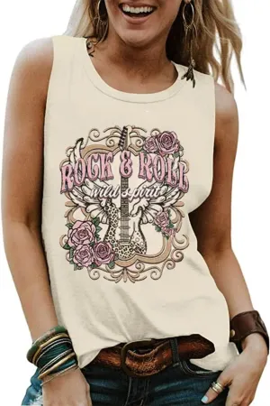 Rock Roll Music Tank Tops Women Vintage Rock Band Tanks Retro Graphic Country Music Concert Sleeveless Shirt Tee