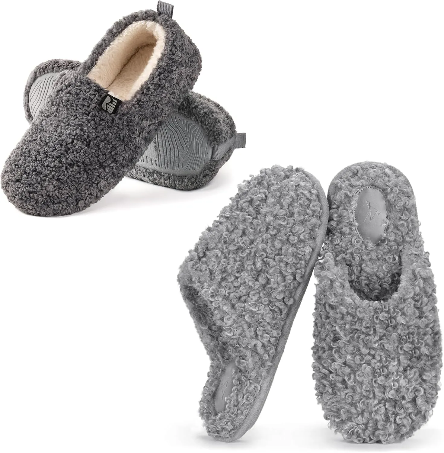 RockDove Set of 2 Pairs - Women's Size 10, Faux Shearling Closed Back Slipper (Cool Grey) Twirl Fleece Fuzzy House Scuff Slipper (Ash Grey)