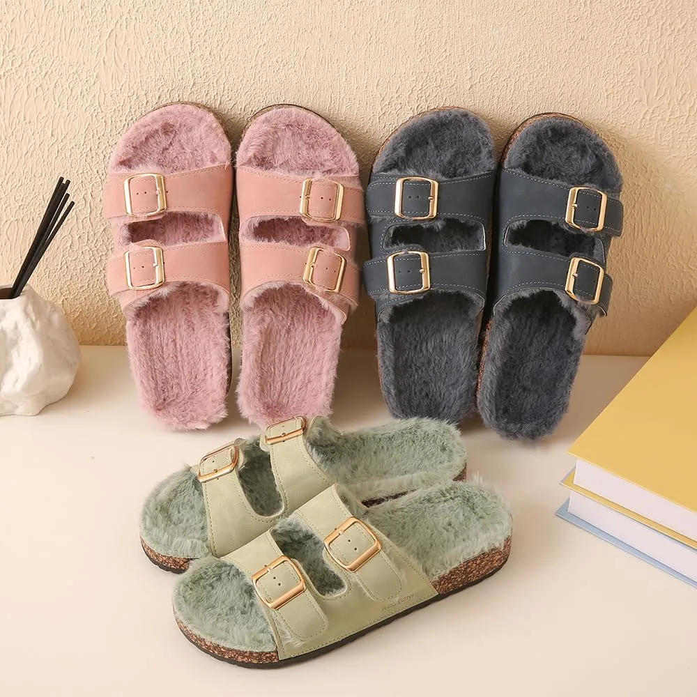 Roxoni Women's Open Toe Feather Slipper with Adjustable Double Buckle Cozy Cork Slide Sandal