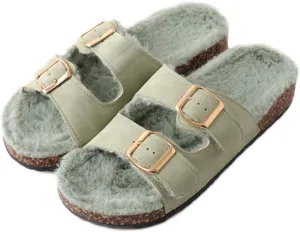 Roxoni Women's Open Toe Feather Slipper with Adjustable Double Buckle Cozy Cork Slide Sandal