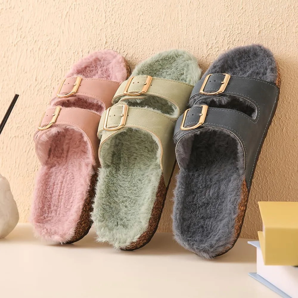 Roxoni Women's Open Toe Feather Slipper with Adjustable Double Buckle Cozy Cork Slide Sandal