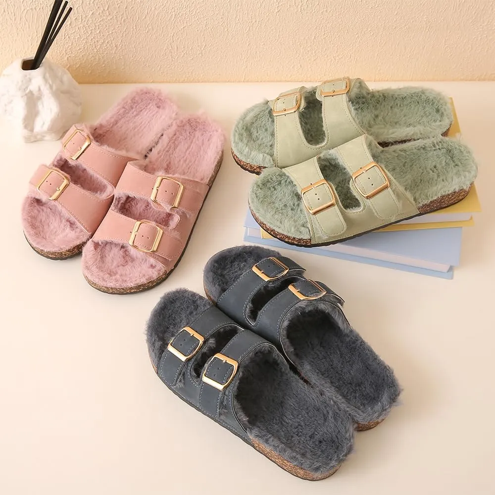Roxoni Women's Open Toe Feather Slipper with Adjustable Double Buckle Cozy Cork Slide Sandal