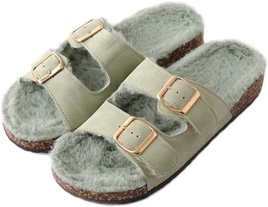Roxoni Women's Open Toe Feather Slipper with Adjustable Double Buckle Cozy Cork Slide Sandal