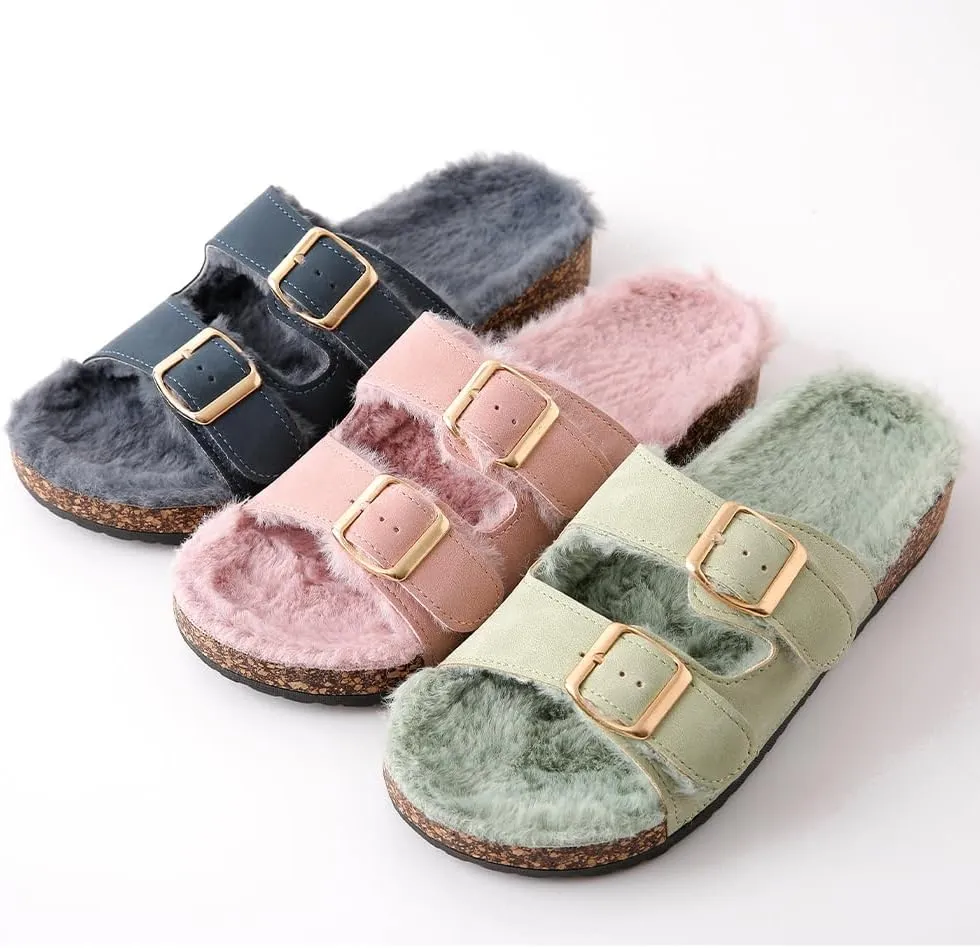 Roxoni Women's Open Toe Feather Slipper with Adjustable Double Buckle Cozy Cork Slide Sandal