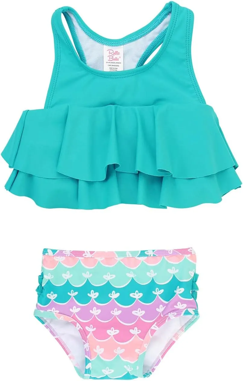 RuffleButts Girls UPF50  Sun Protection One Shoulder Ruffle Tankini Two Piece Swimsuit