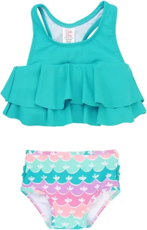 RuffleButts Girls UPF50  Sun Protection One Shoulder Ruffle Tankini Two Piece Swimsuit