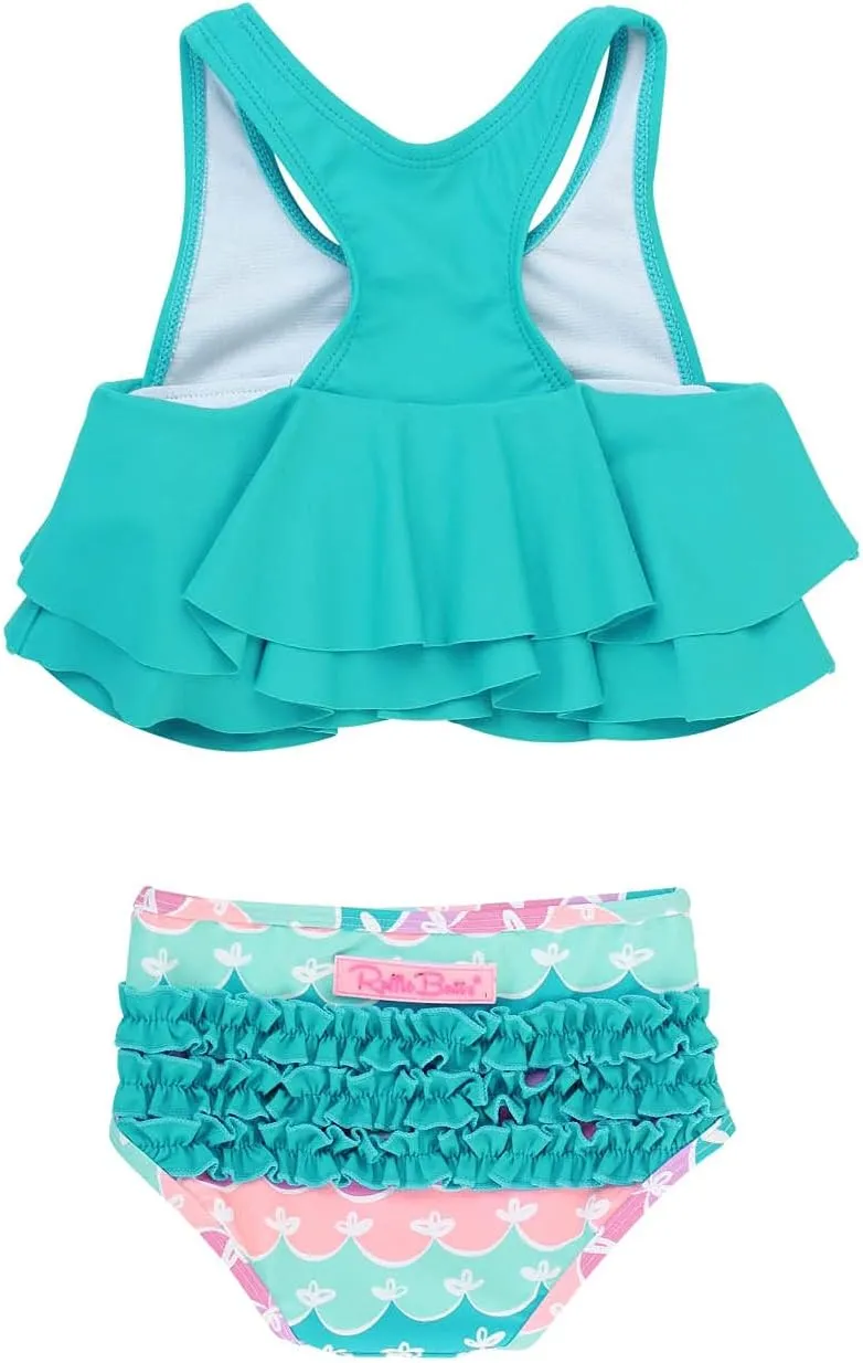 RuffleButts Girls UPF50  Sun Protection One Shoulder Ruffle Tankini Two Piece Swimsuit