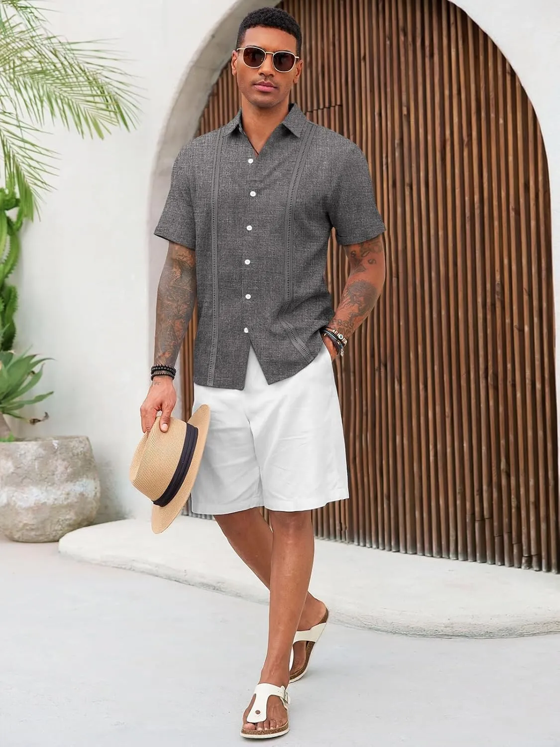 Runcati Mens Cuban Guayabera Shirts Short Sleeve Linen Casual Shirt Button Down Beach Summer Mexican Shirts