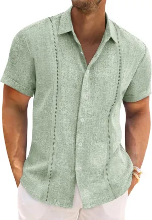 Runcati Mens Cuban Guayabera Shirts Short Sleeve Linen Casual Shirt Button Down Beach Summer Mexican Shirts