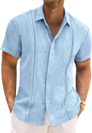 Runcati Mens Cuban Guayabera Shirts Short Sleeve Linen Casual Shirt Button Down Beach Summer Mexican Shirts