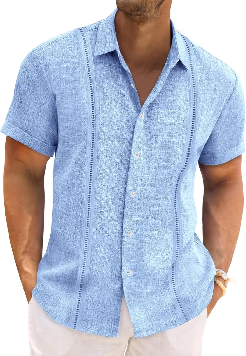 Runcati Mens Cuban Guayabera Shirts Short Sleeve Linen Casual Shirt Button Down Beach Summer Mexican Shirts