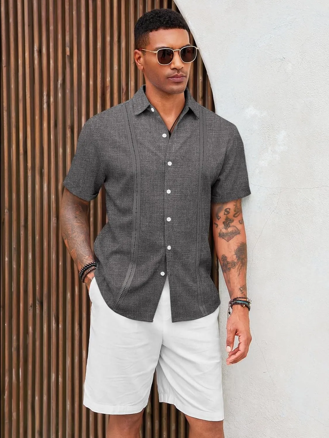 Runcati Mens Cuban Guayabera Shirts Short Sleeve Linen Casual Shirt Button Down Beach Summer Mexican Shirts