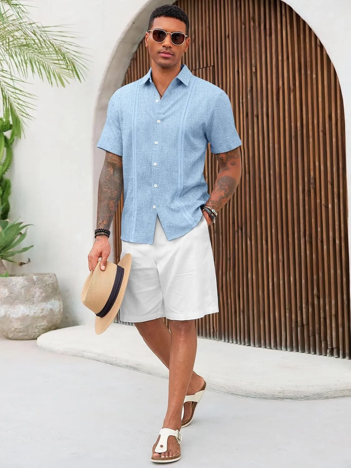 Runcati Mens Cuban Guayabera Shirts Short Sleeve Linen Casual Shirt Button Down Beach Summer Mexican Shirts