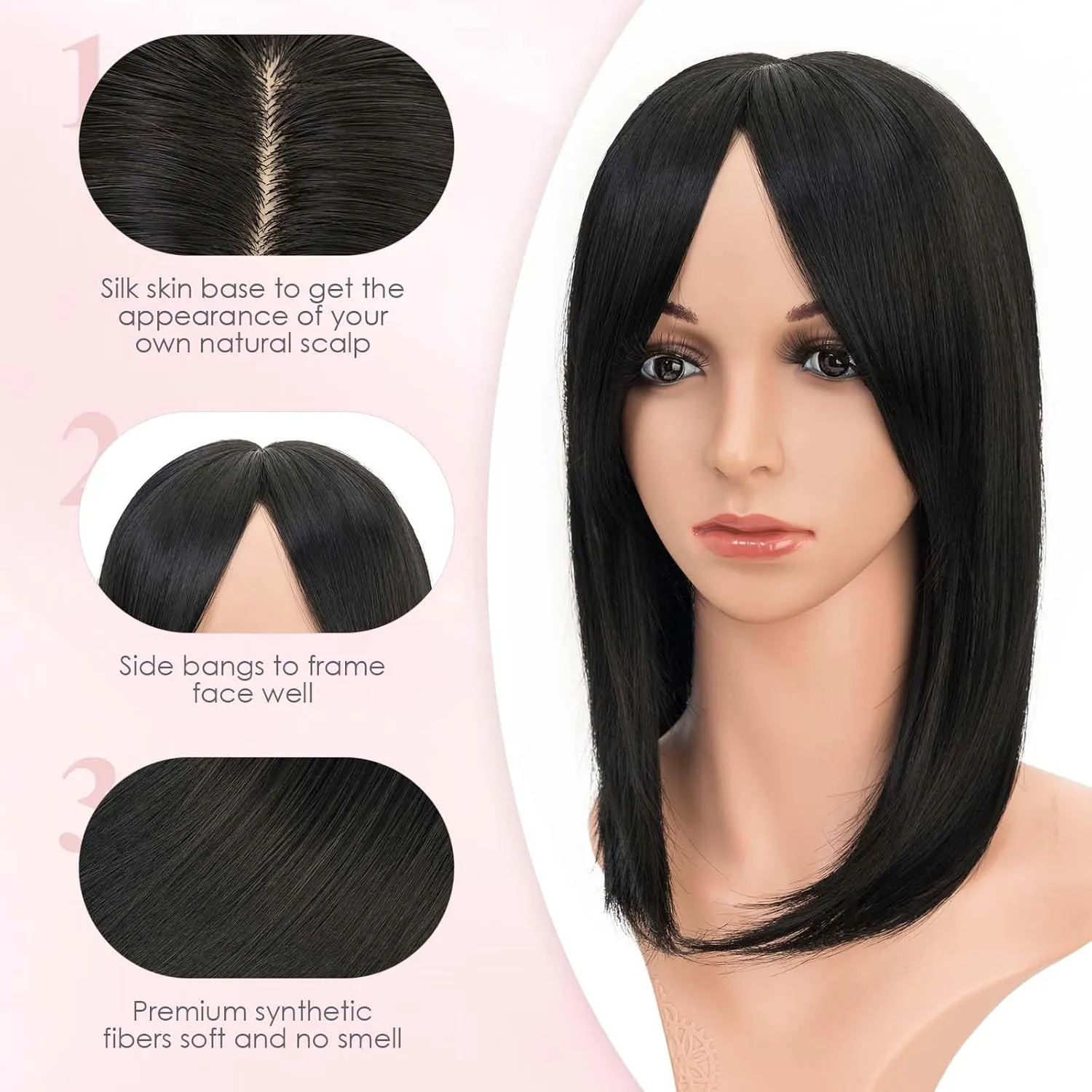 S-noilite 14-Inch Hair Topper With Fringe Bang for Women - Long Straight Synthetic Wig Piece for Thinning Hair - Clip-in Highlight to Add Volume - Jet Black