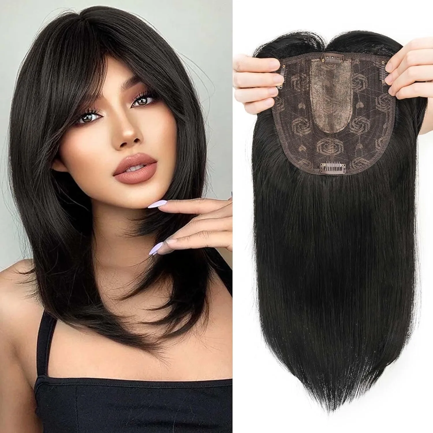 S-noilite 14-Inch Hair Topper With Fringe Bang for Women - Long Straight Synthetic Wig Piece for Thinning Hair - Clip-in Highlight to Add Volume - Jet Black