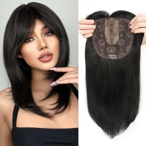 S-noilite 14-Inch Hair Topper With Fringe Bang for Women - Long Straight Synthetic Wig Piece for Thinning Hair - Clip-in Highlight to Add Volume - Jet Black
