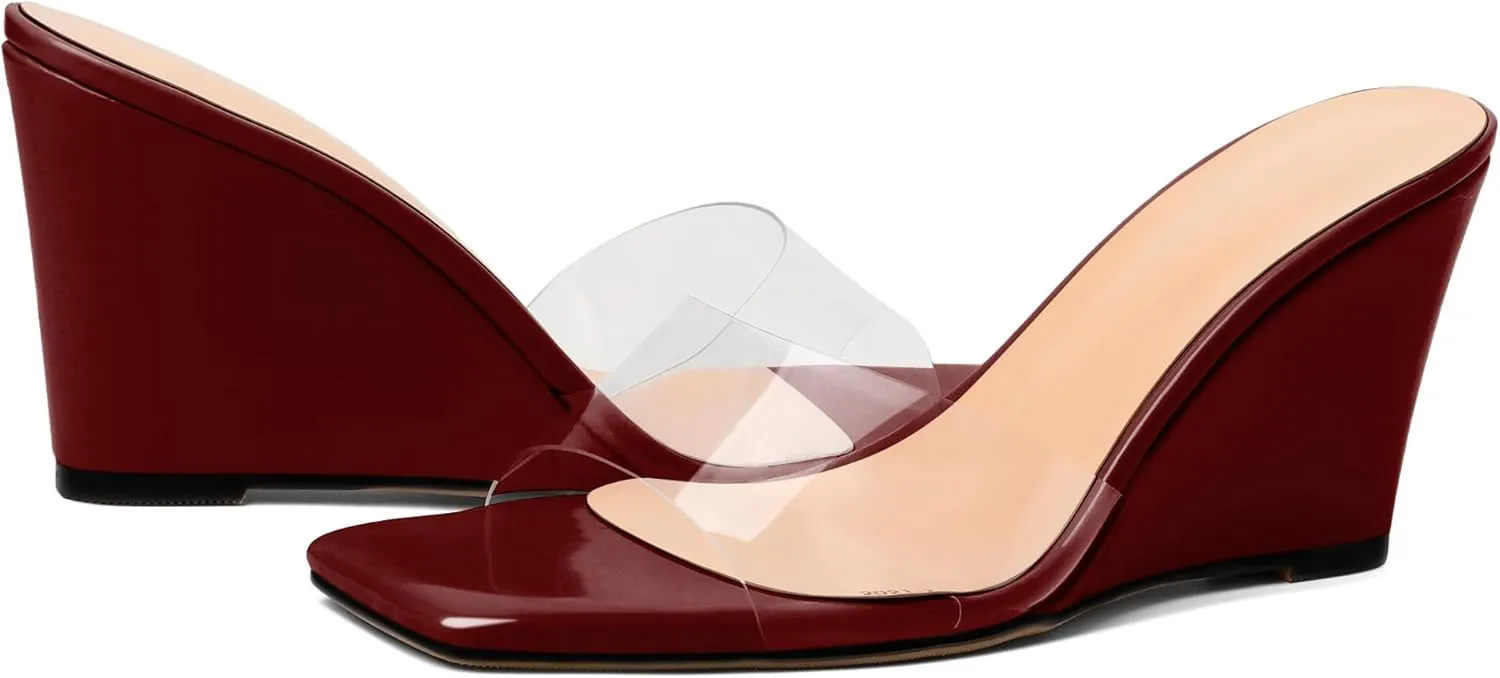 SAMMITOP Womens Clear Heels Sandals Square Open Toe Wedge Heel Sandals Slip On Heeled Mules Summer Dress Slipper Shoes 3.5 Inch