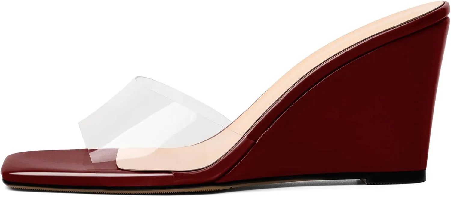 SAMMITOP Womens Clear Heels Sandals Square Open Toe Wedge Heel Sandals Slip On Heeled Mules Summer Dress Slipper Shoes 3.5 Inch