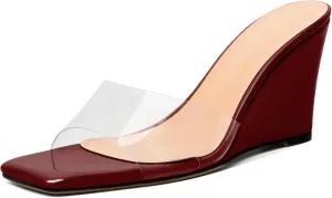 SAMMITOP Womens Clear Heels Sandals Square Open Toe Wedge Heel Sandals Slip On Heeled Mules Summer Dress Slipper Shoes 3.5 Inch