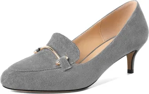 SAMMITOP Womens Kitten Heel Pumps Closed Round Toe Low Heel Slip On Loafer Pumps with Metal Chain Buckle Comfort Dress Work Shoes 2 Inch