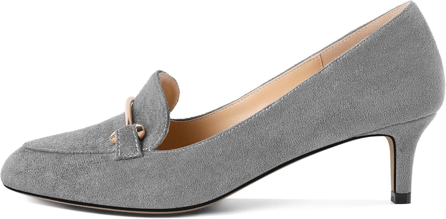 SAMMITOP Womens Kitten Heel Pumps Closed Round Toe Low Heel Slip On Loafer Pumps with Metal Chain Buckle Comfort Dress Work Shoes 2 Inch