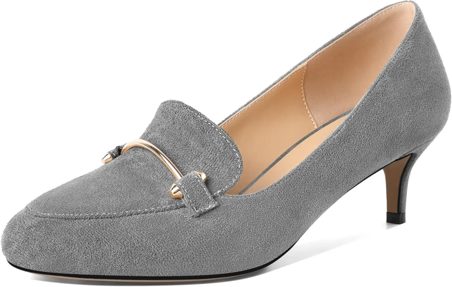 SAMMITOP Womens Kitten Heel Pumps Closed Round Toe Low Heel Slip On Loafer Pumps with Metal Chain Buckle Comfort Dress Work Shoes 2 Inch