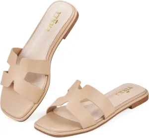Sandals For Women 2025 Dressy Flat Slides Open Toe Sandals Comfortable Soft Leather Slides Slip On Ladies Casual Trendy Shoes