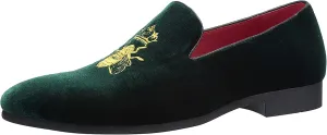 Santimon Men's Velvet Loafers Casual Slip on Dress Shoes with Gold Embroidery Smoking Slippers Flats
