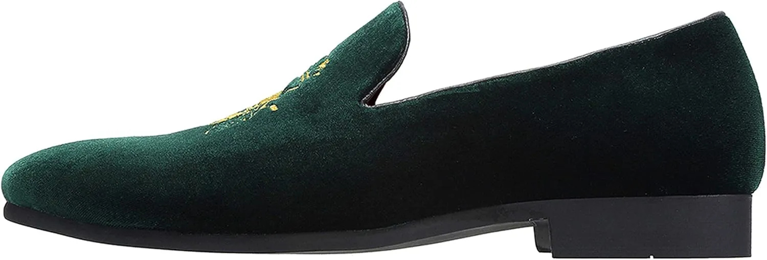 Santimon Men's Velvet Loafers Casual Slip on Dress Shoes with Gold Embroidery Smoking Slippers Flats
