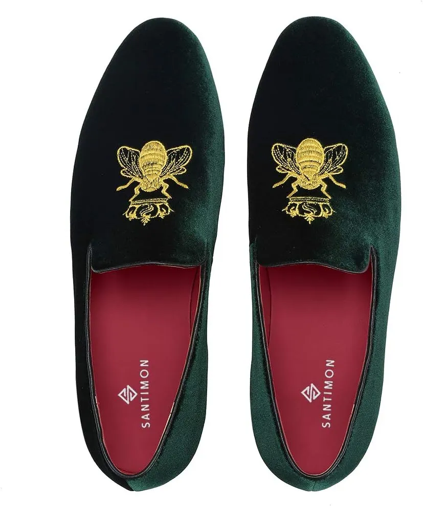 Santimon Men's Velvet Loafers Casual Slip on Dress Shoes with Gold Embroidery Smoking Slippers Flats