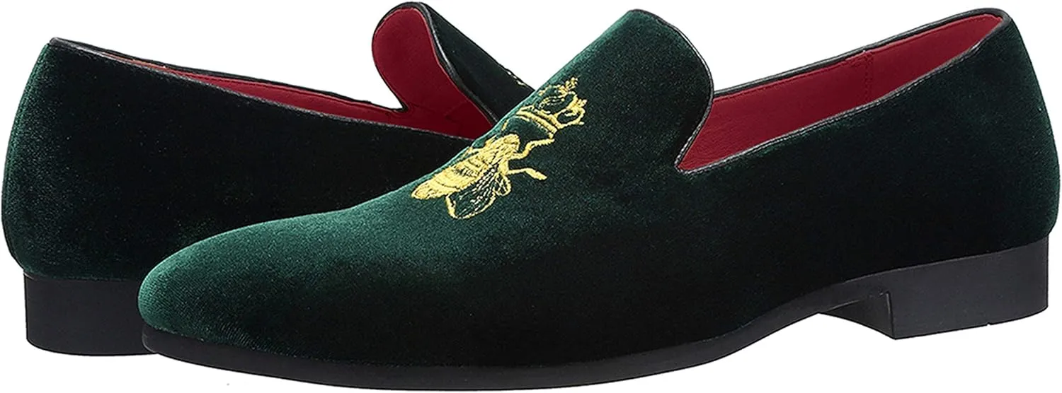Santimon Men's Velvet Loafers Casual Slip on Dress Shoes with Gold Embroidery Smoking Slippers Flats