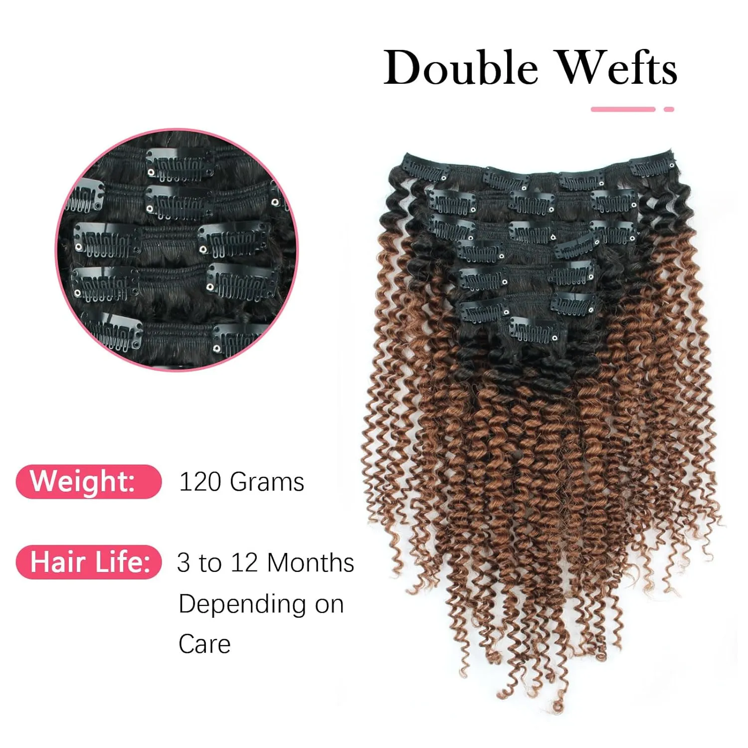Sassina Ombre Kinky Curly Clip in Human Hair Extensions Natural Curly Clip in for African American Black Women 7Pcs-120G Ombre Natural Black Fading to Ginger TN30 12 Inch