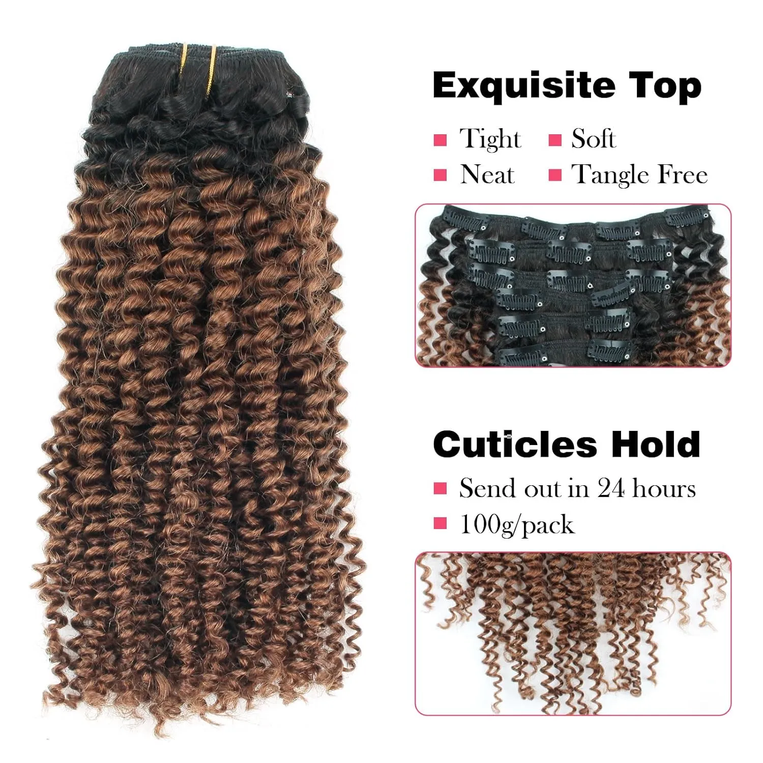 Sassina Ombre Kinky Curly Clip in Human Hair Extensions Natural Curly Clip in for African American Black Women 7Pcs-120G Ombre Natural Black Fading to Ginger TN30 12 Inch