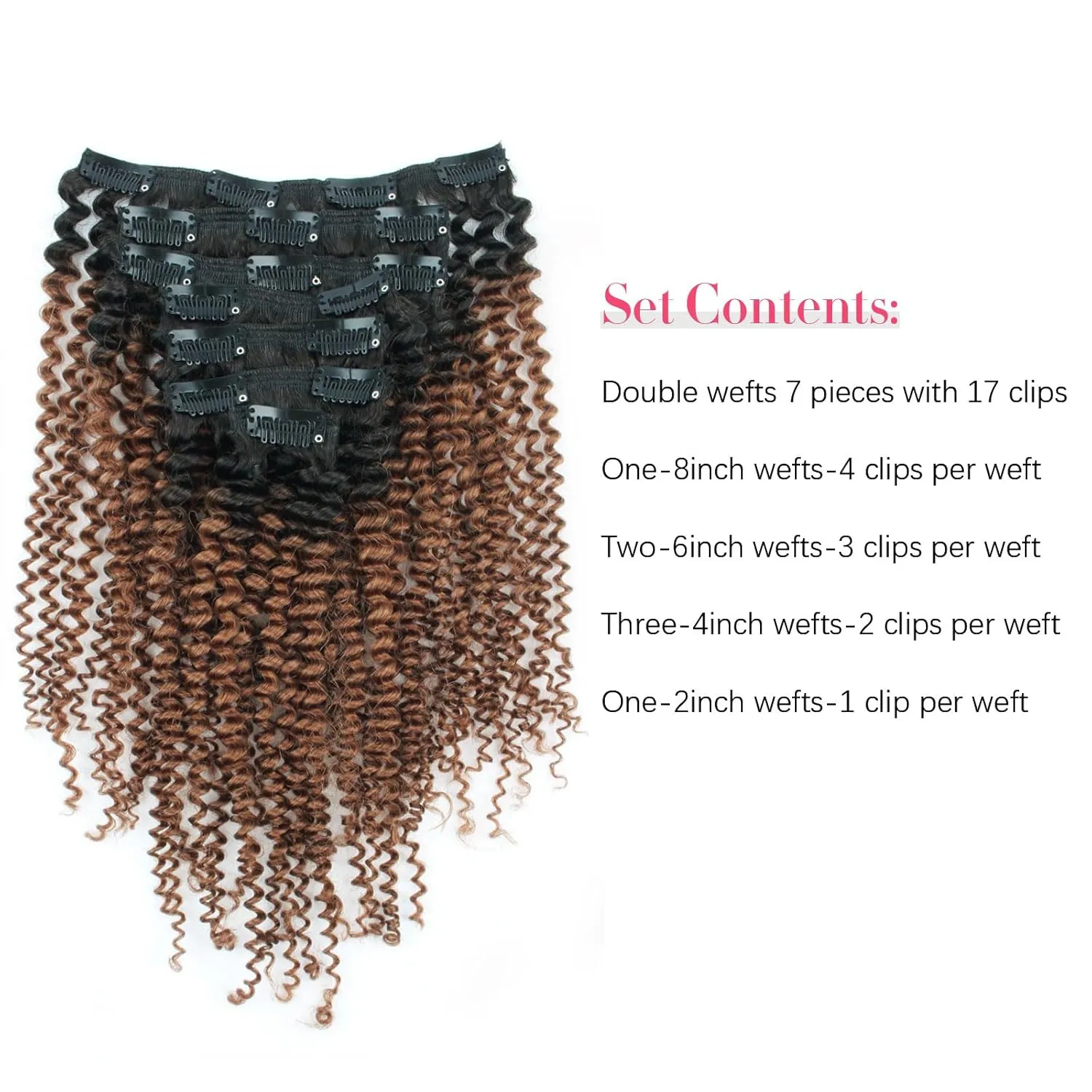 Sassina Ombre Kinky Curly Clip in Human Hair Extensions Natural Curly Clip in for African American Black Women 7Pcs-120G Ombre Natural Black Fading to Ginger TN30 12 Inch